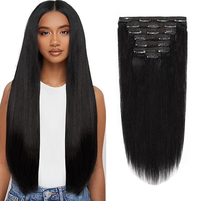 Yaki Straight Clip In Human Hair Extensions Real Remy Hair Yaki Clip In Hair Extension Double Weft Natural Hair Clip Ins For Black Women Thick Yaki Hair Clip In Extension Jet Black #1 20inch