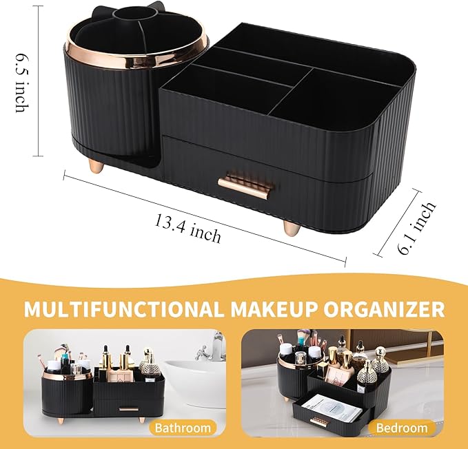 Makeup Organizer Countertop with Drawer 360 Rotating Brush Holder Storage Large Capacity Skincare Cosmetic Display Cases for Vanity Bathroom Desktop, Model 3016 Black