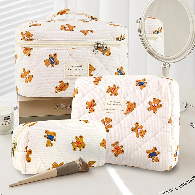 3Pcs Makeup Bag Cotton Quilted Travel Cosmetic Bag Cute Floral Makeup Pouch Large Toiletry Bag for Women Girls