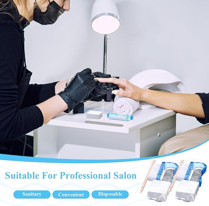 100 Sets Professional Disposable Manicure Kit Basics 4 Piece Nail Kit Wood Nail File 100/180 Grit, Mini Buffer 80/100 Grit, Wood Stick and Handle Grip Brush Gifts (Blue)