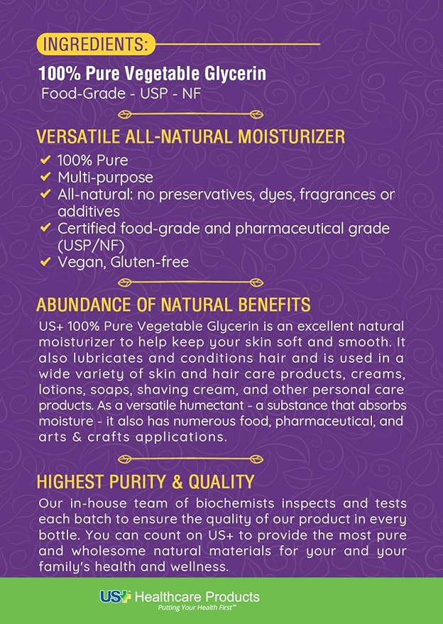 100% Pure Vegetable Glycerin - Pharmaceutical & Food Grade (USP) - Premium Quality All-Natural Moisturizer & Cleanser - For skin, hair, soaps & more (1 Gallon)