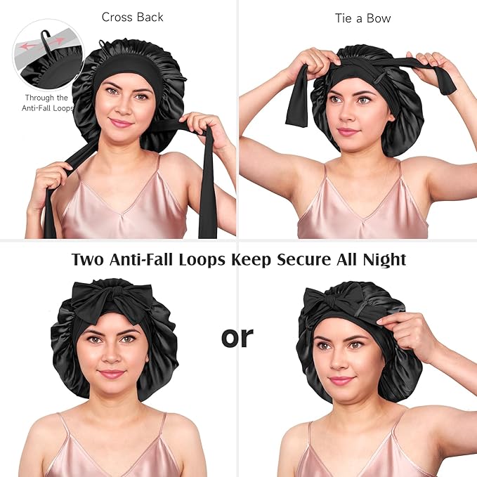YFONG 100% 22 Momme Mulberry Silk Bonnet for Sleeping Women, Larger Double Layer Silk Hair Wrap for Curly Short Long Hair, Non-Slip Sleep Cap Turban with Elastic Tie Band for Hair Care, Black