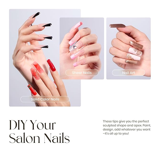 Tipex Nail Tips Kit,Pre-etched Acrylic Hard Nail Tips Set for Beginners,Long Square Full Cover Press On Nails,Deep C Curve Flat Nails,UV Nail+Glue+LED Lamp+Base Gel