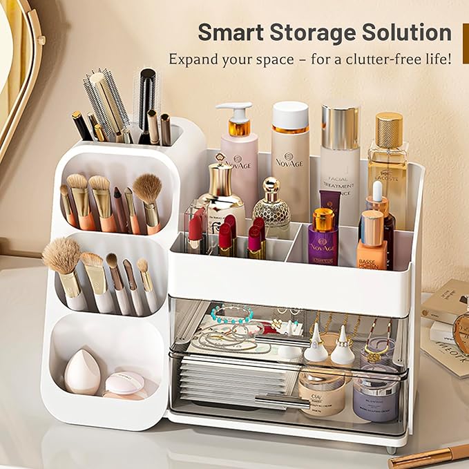 Aveniee Makeup Organizer with Drawers for Vanity, Big Cosmetic Display Case with Makeup Brush Holder, Bathroom Coutertop Organizers and Storage for Skincare Beauty Essentials (White)