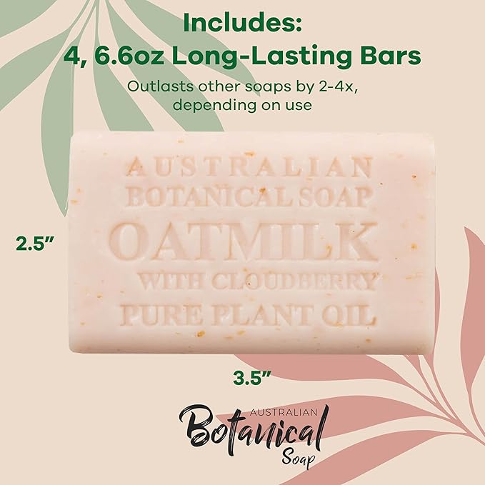 Australian Botanical Soap Oat Milk with Cloudberry 6.6 oz Luxury Soap Bars Enriched with Shea Butter, Suitable for Men, Women and All Skin Types, Pack of 4