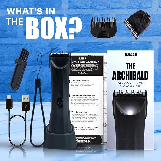 BALLS V3 The Archibald - Body & Pubic Hair Trimmer for Men - No Cuts, Sacksafe Guard, 100% Waterproof, Cordless - Wet/Dry with Replaceable Ceramic Blades Archibald Trimmer