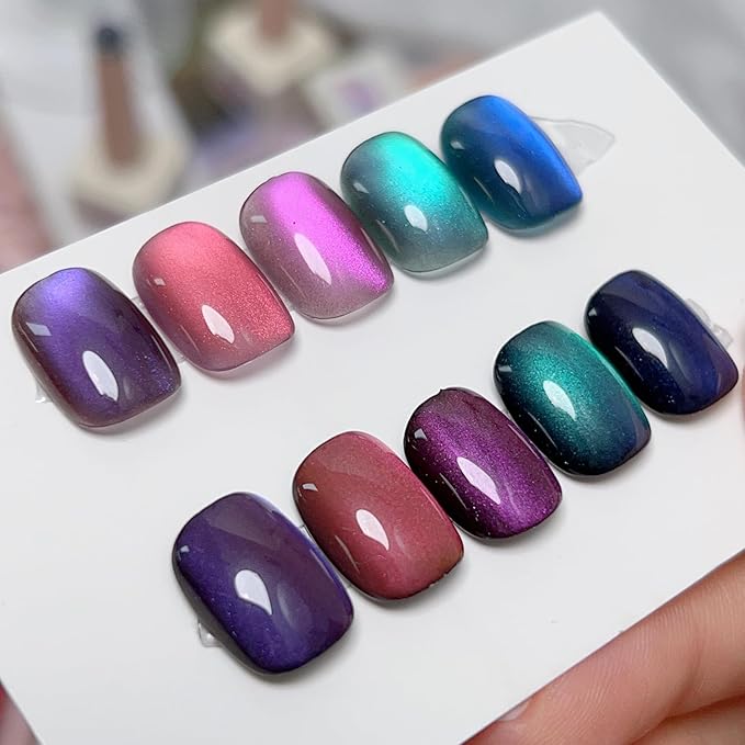 5Pcs 12ML Adhere Cat Eye Soak Off UV LED Gel Nail Polish Set,Water Light Sensation Colorful Light Ultrafine Magnetic Powder Blue Green Cat Eye with Magnet+ 7.3ML Black Color Gel Polish