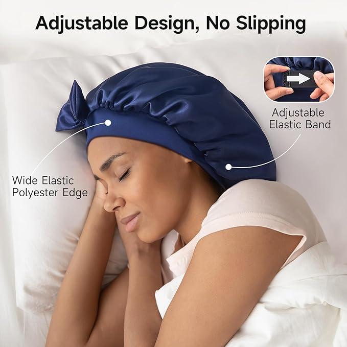 Umisleep Large Silk Bonnet for Sleeping Women, 100% Double Layer 22 Momme Mulberry Silk, Non Slip Hair Bonnet with Adjustable Band for Curly Long Hair, Navy Blue