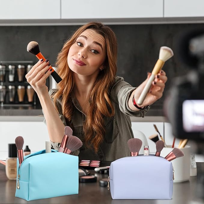 Sanwuta 9 Pcs Preppy Makeup Bag PU Leather Cosmetic Bag Makeup Pouch Plain Waterproof Toiletry Organizers for Traveling Preppy Travel Purse End of the Year Teacher Gifts Bulk(Pink, Blue, Purple)