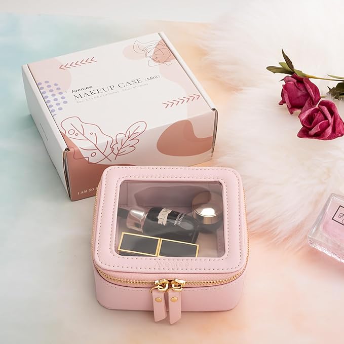 Aveniee Clear Makeup Bag Small, Mini Cosmetic Bags Travel Toiletry Bag, TSA Approved Clear Makeup Case Pouch with Zipper, Car Organizer Essentials for Women Men(Pink)