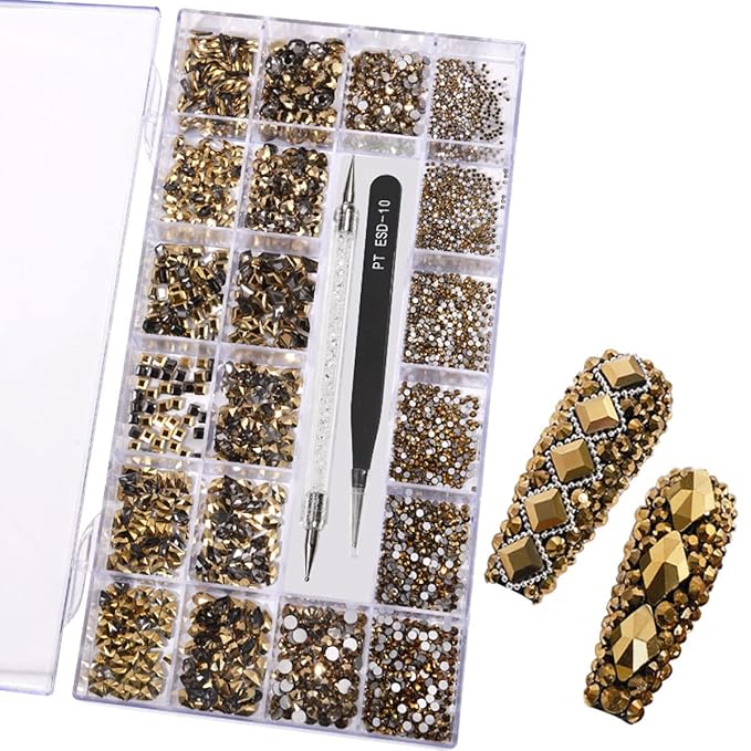 12 Types of Mine Gold 600 Diamonds + 2500 Flat Rhinestones Mix 20 Styles Flatback DIY Crafts Rhinestone Crystals 3D Decorations Flat Back Stones Set +Tweezers + Drill Pen