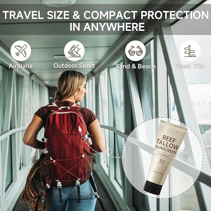 Tallow Sunscreen, Sunscreen for Face, SPF30 Natural Reef Safe Face Body Beef Tallow Sunblock, Non Greasy Clean Travel Sun Screen Sunblock for Summer Outdoor Travel, 2.46 OZ