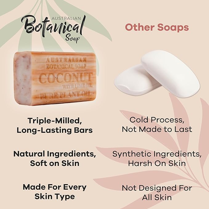 Australian Botanical Soap Coconut with Lime Oil 6.6 oz Triple Milled Luxury Soap Bar Enriched with Shea Butter, Coconut Shells, and Essential Oil, Pack of 1