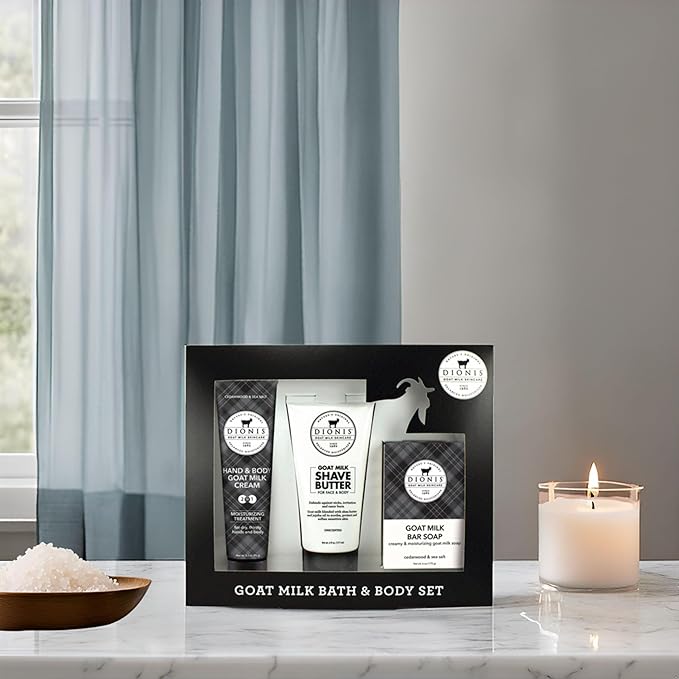 Dionis Goat Milk Skincare Cedarwood & Sea Salt Bath & Body 3pc Gift Set - Blended Shea & Jojoba Oil Shave Butter For Sensitive Skin, Hydrating, Moisturizing Lotion & Nourishing Triple Milled Bar Soap