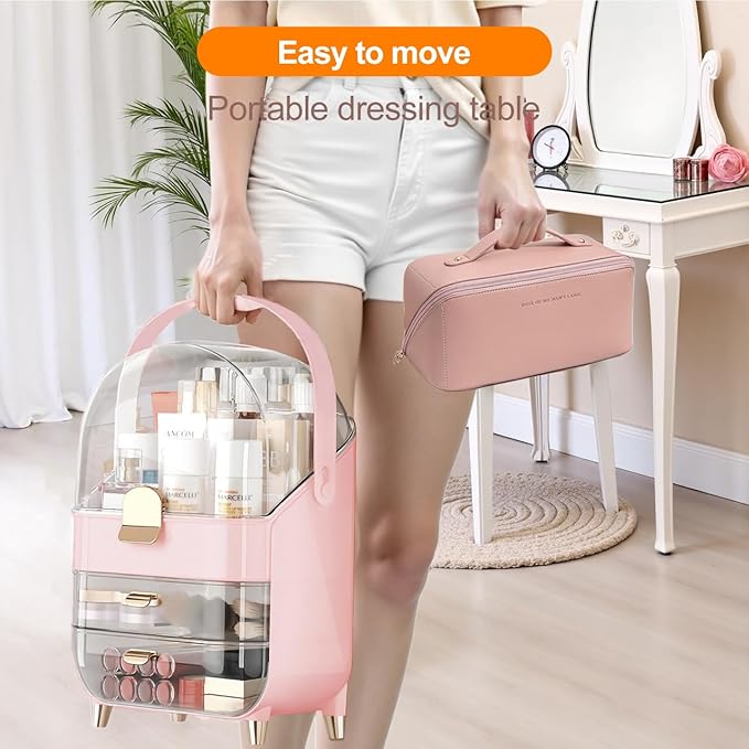 IUI Make up Organizer, 2 Drawer Make up Organizers for Vanity, DustProof Skincare Organizers with Lid, Large Cosmetic Display Cases for Vanity, Bathroom, Countertop, Gifts for Women Girls, Pink