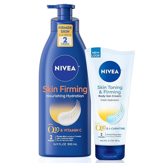 NIVEA Skin Firming Nourishing Hydration Body Lotion with Q10 & Vitamin C (16.9 Fl Oz) + Skin Toning and Firming Body Gel Cream with Q10 & L-Carnitine (6.7 Oz)