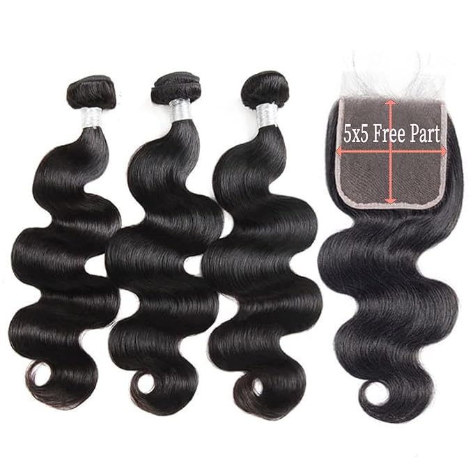 12A Body Wave Human Hair Bundles with Closure (14 16 18+12,Free Part) Closure with 3 Bundles Brazilian Virgin Hair Extensions with Pre Plucked with Baby Hair 5X5 HD Lace Closure Natural Black Color