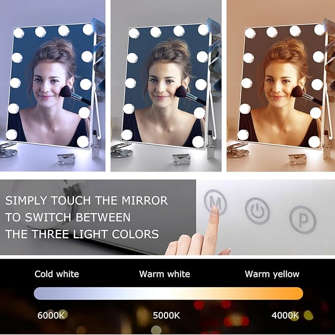 10" x 12" Vanity Mirror with Lights,Portable Travel Mirror with 12 LED Lights Bulbs,Lighted Makeup Mirror with 3 Color Lighting Modes,Mirror with Lights for Makeup Desk & Dressing Room,White
