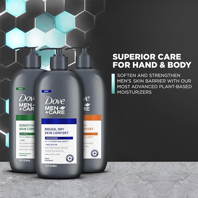 Dove Hand & Body Lotion, Men+Care Variety Pack – Rough Dry Skin Comfort with Shea Butter, Sensitive Skin Comfort with Aloe Vera, Everyday Skin Comfort with Jojoba Oil, 13.5 Oz Ea (3 Piece Set)