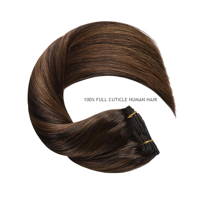 YILITE Hair Extensions Clip in Human Hair 8Pcs 120Gram/Pack #2/6/2 Balayage Dark Brown to Chestnut Brown Silky Remy Human Hair Double Weft Straight Real Hair Extensions Clip ins Thick