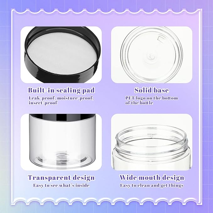 Aoriher 150 Pcs Plastic Container Jars with Lids Round Cosmetic Jars Empty Plastic Container for Lotion, Cream, Ointments, Makeup, Eye Shadow, Rhinestone, Samples, Pot, Travel Storage(2 oz,Black)