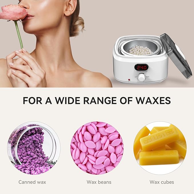 Waxing Kit for Women Men, Digital Wax Kit with Silicone Bowl & 4 Bags Hard Wax Beads, Portable Wax Warmer for Sensitive Skin Full Body Hair Removal, Brazilian Bikini, Eyebrow, Face (White)