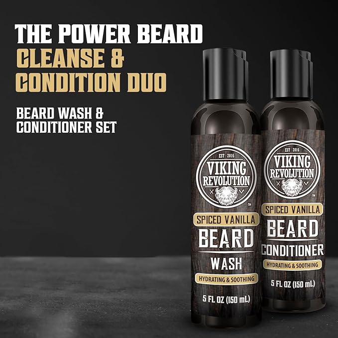 Viking Revolution Beard Wash and Beard Conditioner for Men with Argan Oil and Jojoba Oil - Beard Softener and Strengthener Beard Care Beard Shampoo and Conditioner with Beard Oil (5oz, Spiced Vanilla)