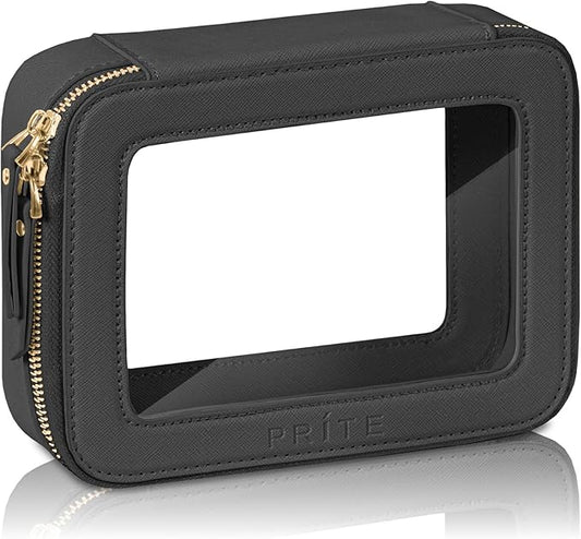 Prite Clear Makeup Bag Cosmetic Organizer Case Waterproof Travel Toiletry Bag Skincare Pouch with Golden Zipper(Black)