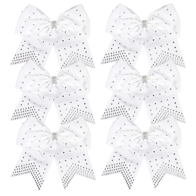 8 Inch Cheerleader Bows Ponytail Holder with Bling Fling Rhinestones Hair Tie Cheerleading Bows 6 Pcs (White)