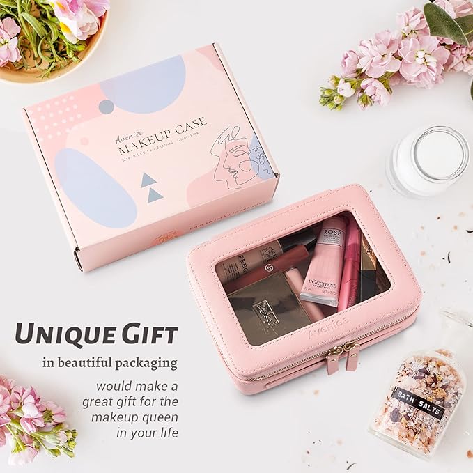 Aveniee Clear Makeup Bag Organizer, Portable Travel Toiletry Cosmetic Bag Case for Women, Heavy Duty Vegan Leather Make Up Pouch with Transparent Vinyl Windows & Gold Zippers(Pink)