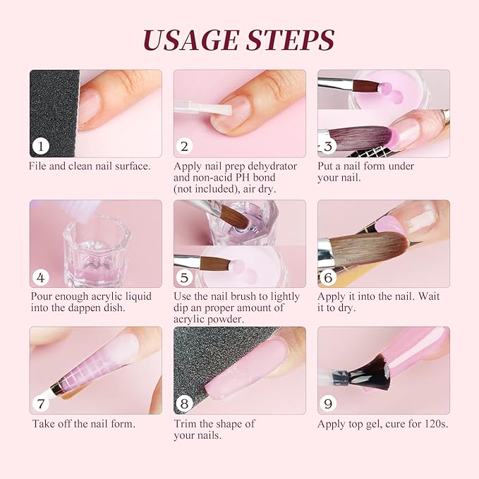 SAVILAND Acrylic Nail Kit for Beginners: White Pink Clear Acrylic Powder and Liquid Set with Nail Brush Forms Manicure Tools Kit with Everything for Beginners Home DIY Nail Art Salon