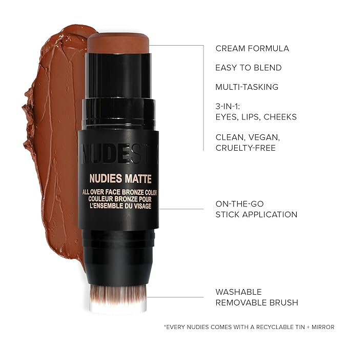 Nudestix Nudies Matte Cream Bronzer 3-in-1 All Over Face Colour for Face, Eyes, and Lips w/Blending Brush (Deep Maple Eh)