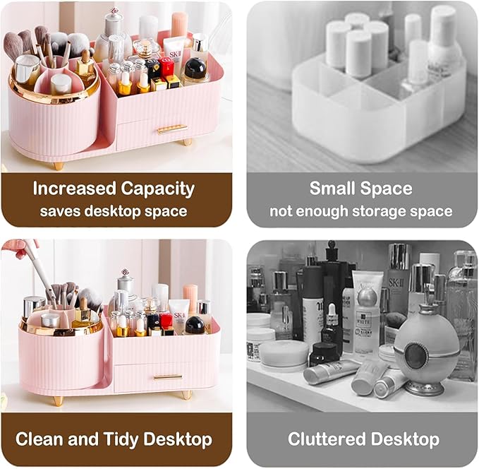 Rotating Makeup Organizer for Vanity with Brush Holder and Drawer, Cosmetic Makeup Storage, Large Spinning Makeup Skincare Organizer, Countertop Makeup Perfume Organizer, Lotions Display Case (Pink)