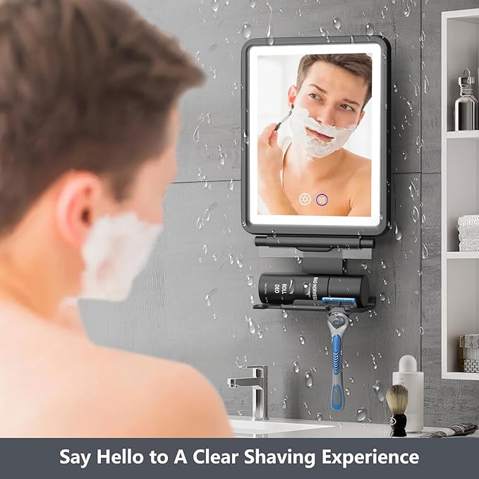 Heated Shower Mirror Fogless for Shaving, 3 Colors Stepless Dimmable Lights Fogless Mirror for Shower, Rechargeable Anti Fog Shaving Mirror for Shower with Razor Holder for Men, Light Memory Function