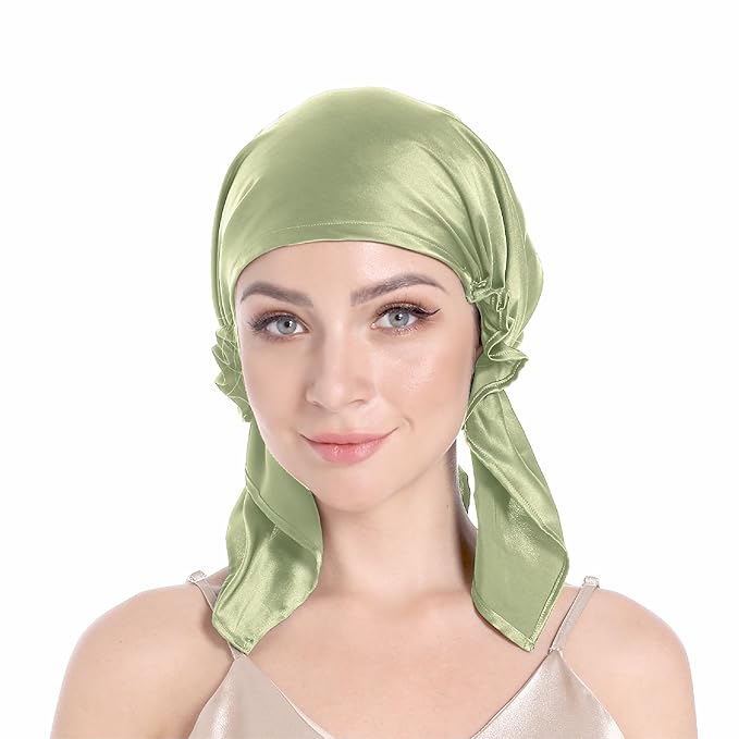 100% Silk Bonnet for Sleeping, Hair Bonnet with Tie Band, Large Silk Sleep Cap for Curly Hair, Silk Hair Wrap for Hair Care (Sage Green)