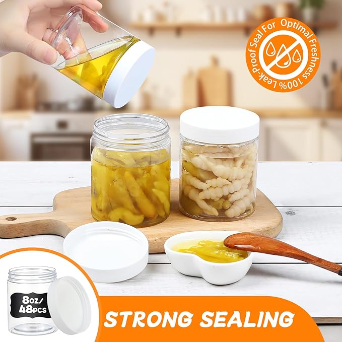 48pcs 8 oz Plastic Containers with Lids Pen Labels Leak Proof BPA Free Airtight Refillable Clear Small Containers Storage Jars for Storing Dry Food Makeup Slime Honey Jam,white