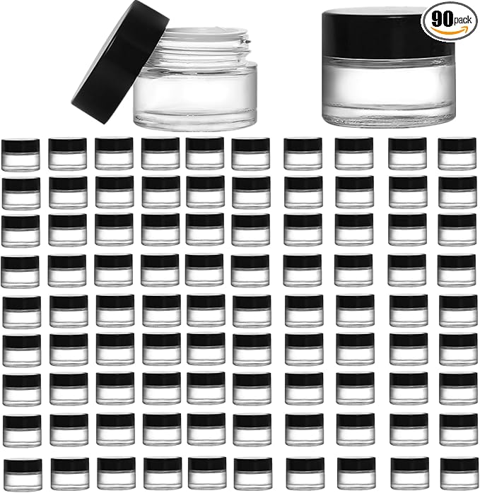 90 Pack 5ml Glass Lip Balm Containers, Small Empty Cosmetic Sample Jars with Lids, Refillable Clear Airtight Glass Jars for Skincare, Lotion, Cream, Wax, Travelling, Retail Store