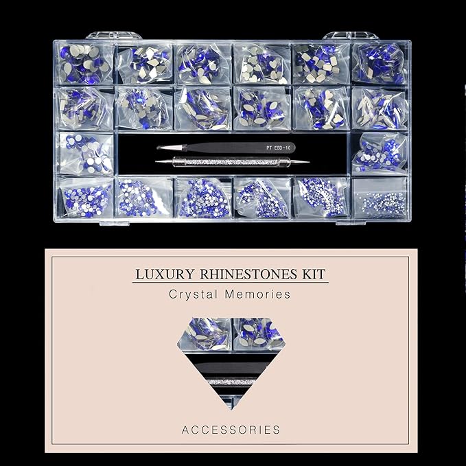 12 Types of Blue 600 Diamonds + 2500 Flat Rhinestones Mix 20 Styles Flatback DIY Crafts Rhinestone Crystals 3D Decorations Flat Back Stones Set +Tweezers + Drill Pen