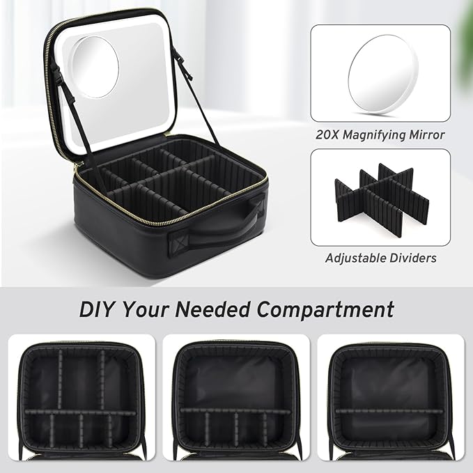 Makeup Bag with Magnetic Detachable Lighted Mirror 360° Swivel Angle, Travel Makeup Bag with Lights Portable Makeup Case Organizer with Mirror, Partition Cosmetic Bag Tools Accessories Train Case Gift