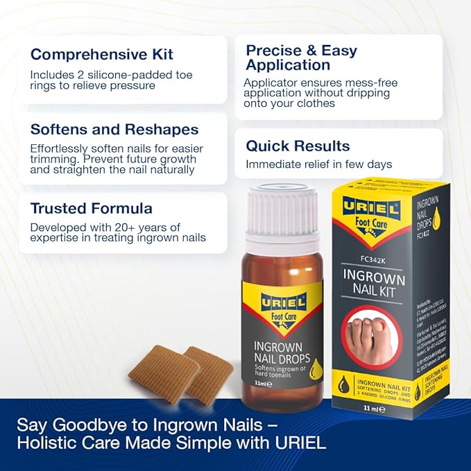 URIEL UPGRADED Ingrown Toenail Treatment with Silicone Caps, Ingrown Toenail Removal Kit, Ingrown Nail Kit Relief with Ingrown toenail drops 11 ml