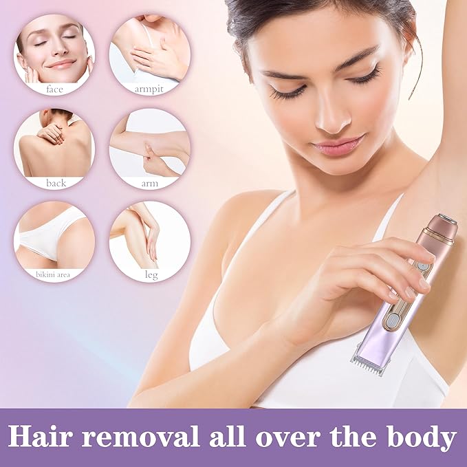 WNJ 2 in 1 Women Electric Shaver - Dual Head Bikini Trimmer - IPX7 Waterproof - Wet & Dry Use - Body Hair Trimmer and Facial Hair Remover for Bikini, Underarm Leg, Private Area, Arm, Body, Face