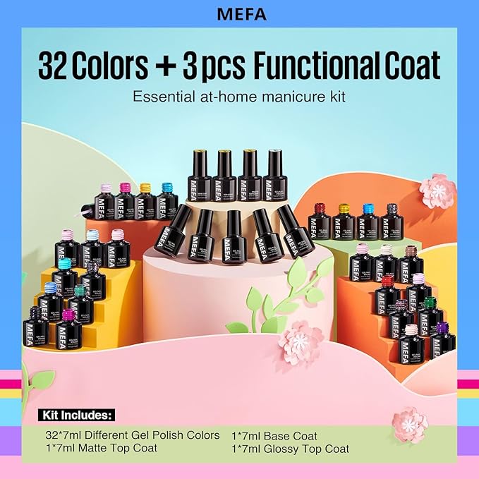 MEFA 35 Pcs Gel Nail Polish Set, 32 Colors Spring Collection Gel Nail Polish Pink Green Nail Art Manicure DIY Home Gifts for Women Girls Beginners