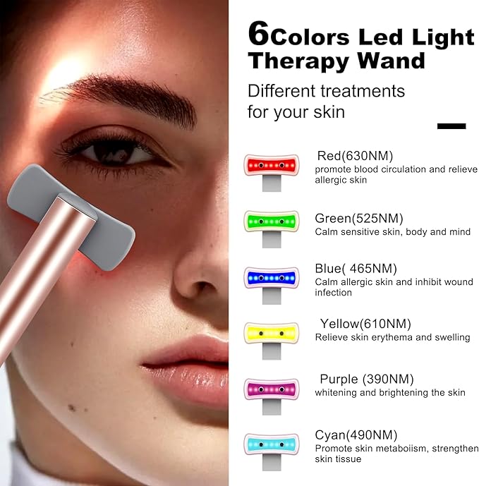 Red Light Therapy for Face, 6 in 1 LED Light Therapy Eye Equipment for Skin,Face Wand with Facial Massager, Skincare Facial Wand,Vibration, Thermal, Microcurrent,Portable Beauty Tools