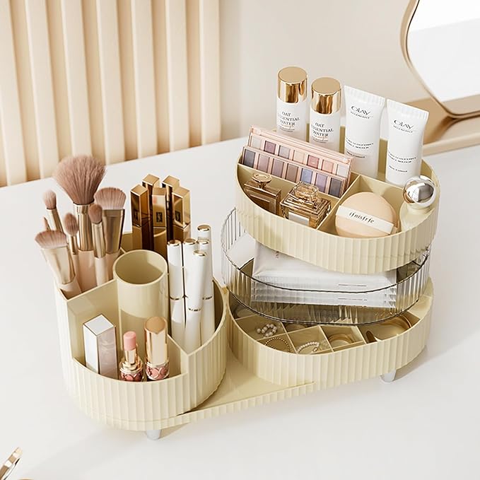 Ivory Rotating Vanity Organizer with Drawer & Brush Holder - 3 Layer Cosmetic Skincare & Perfume Storage - Countertop Makeup Display Case