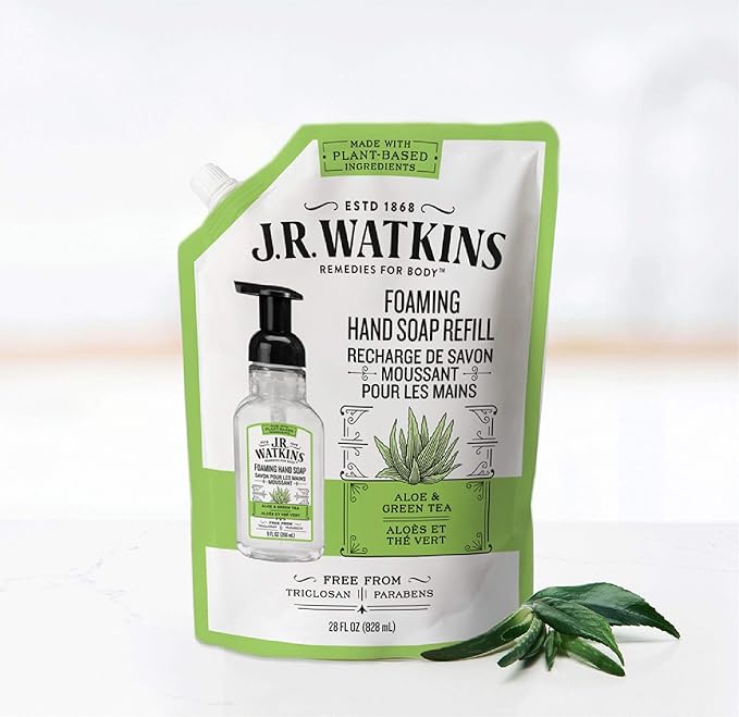 J.R. Watkins Foaming Hand Soap Refill Pouch, Scented Foam Handsoap for Bathroom or Kitchen, USA Made and Cruelty Free, 28 fl oz, Aloe & Green Tea, 2 Pack