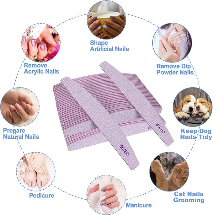 80/80 Grit Nail Files (50 Pack), Emery Boards for Acrylic Nails and Gel Nails, Coarse Nail File Double Sided 80 Grits Emory Professional Nail Filers Reusable Washable Manicure Curved Gray Bulk