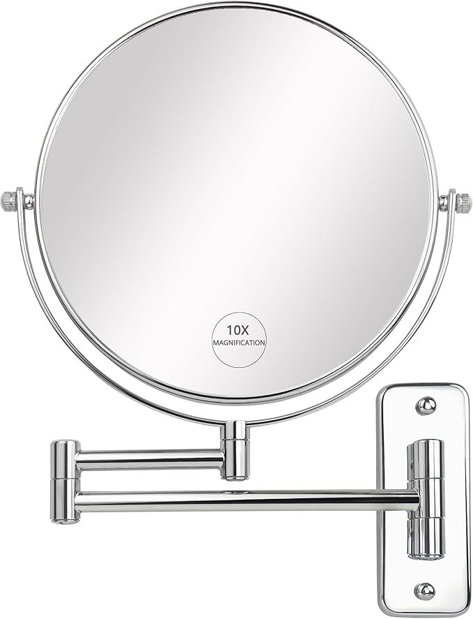 JANEEVA 8" Wall Mounted Makeup Mirror, 1X/10X Magnifying Mirror with 360° Extendable Arm Mirror for Bathroom-Double Sided Vanity Mirror for Man & Woman(Chrome)