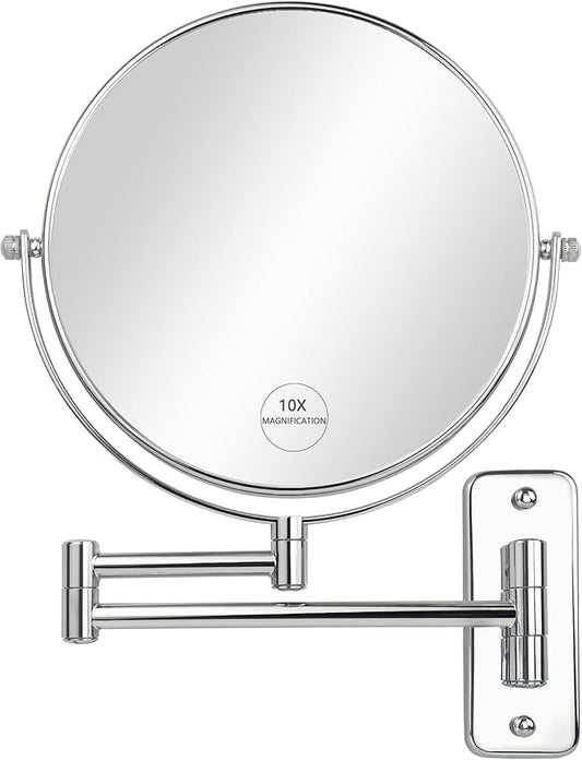 JANEEVA 8" Wall Mounted Makeup Mirror, 1X/10X Magnifying Mirror with 360° Extendable Arm Mirror for Bathroom-Double Sided Vanity Mirror for Man & Woman(Chrome)
