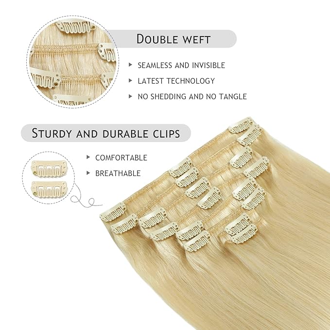 YILITE Clip-in Hair Extensions - Real Human Hair, Bleach Blonde, 110Gram, 8Pcs, 18 Clip, Full Head, Double Weft, Invisible, Straight Remy Hair, 14inches (#613 Bleach Blonde)