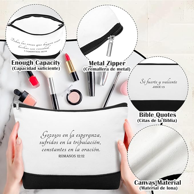 20 Pcs Christian Gifts for Women Religious Makeup Bags Cosmetic Inspirational Bible Verse Pencil Pouch with Zipper Mothers Day Thank You Church Gift Mom Travel Employee(White&black,Spanish)